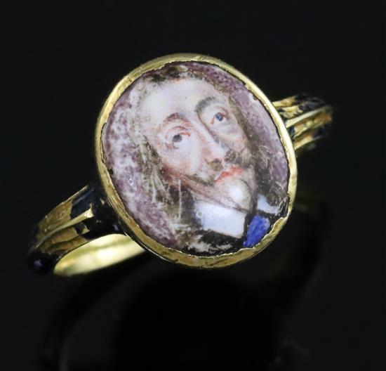 A rare mid 17th century enamelled gold oval memorial ring for Charles I (1600-1649), finger size K.